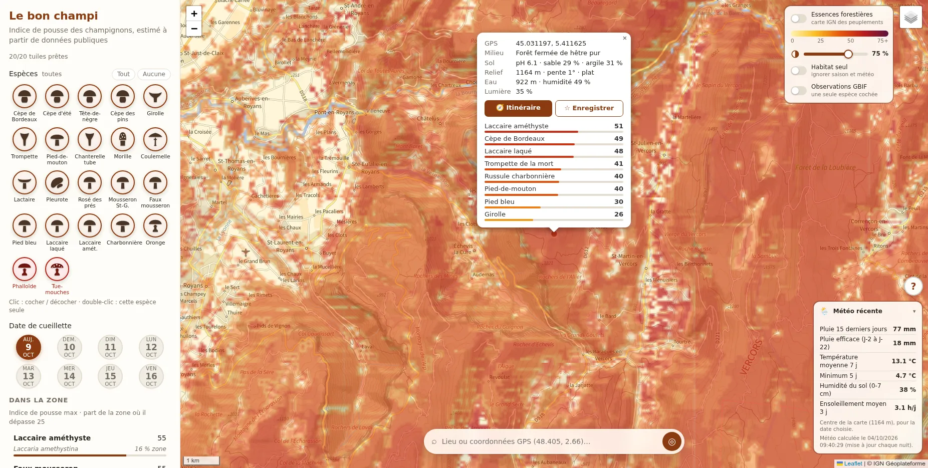 La carte du Bon champi dans le Vercors : zones colorées du jaune au rouge selon l'indice de pousse, panneau des 22 espèces, choix du jour et fiche détaillée d'un point en hêtraie avec un indice de 49 pour le cèpe de Bordeaux.
